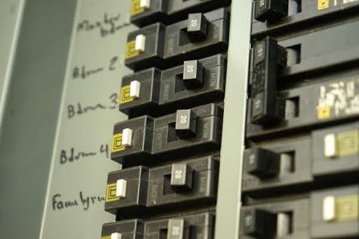 Residential electrical panel with labeled circuit breakers